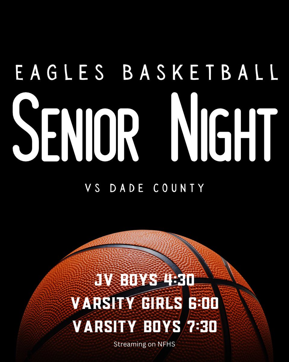 Senior Night is here! 🏀 Join us as we honor our seniors and take on Dade County.
🕓 JV Boys: 4:30 PM
⏰ Varsity Girls: 6:00 PM
⏳ Varsity Boys: 7:30 PM
Can’t make it? Stream the action live on NFHS #COMPETE #WingsUp