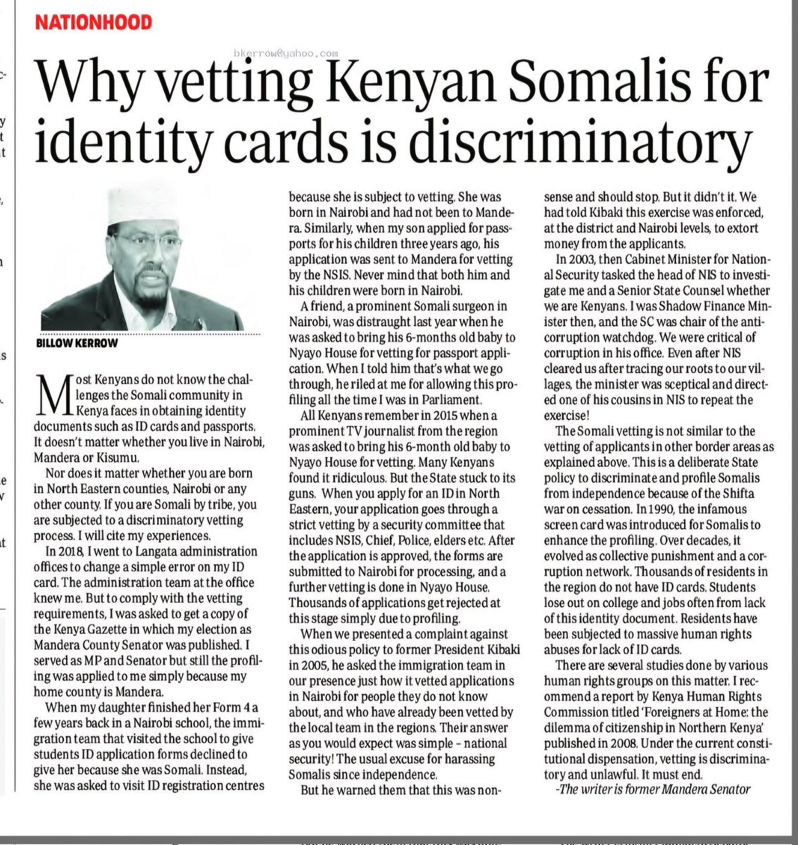 AbdiwahabSheik7's tweet image. A deeply insightful article and horrifying account by Senator Billow Kerrow. If a leader of his stature faces such humiliation, what about an ordinary Kenyan Somali?

I got my first passport in 1992 to study in Uganda, but I was told to bring a letter from my MP, otherwise, I was…