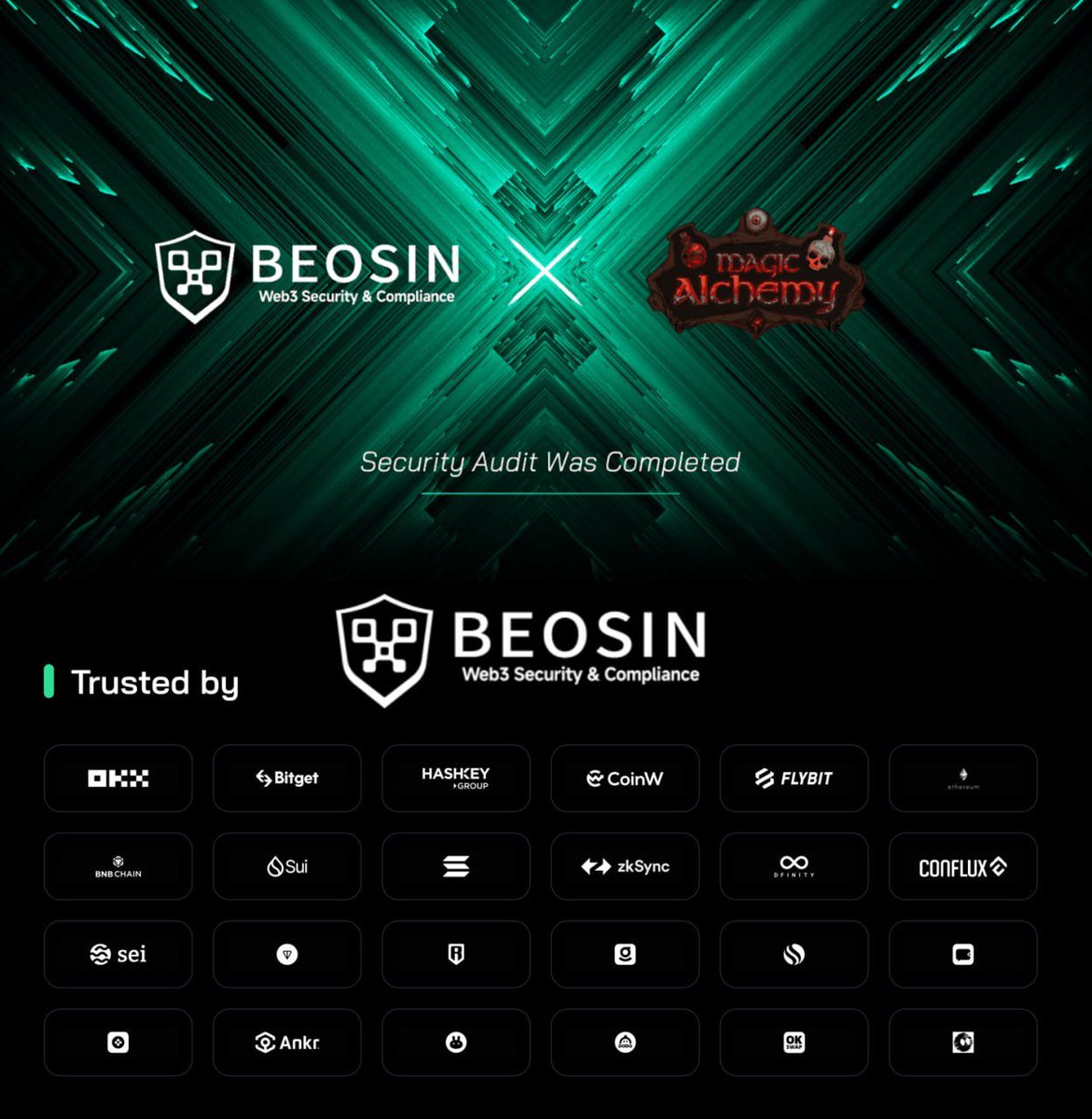 magicalchemydao's tweet photo. 🚀 Audit cleared! @Beosin_com (think PancakeSwap, Ronin, Ankr) gave our smart contracts for the Marathon &amp; Transmutation the green light!

Security ✅ Phases ✅ Ready to roll!

Stay tuned—big things are on the way! 🔮 https://t.co/p2a1f8CUQd