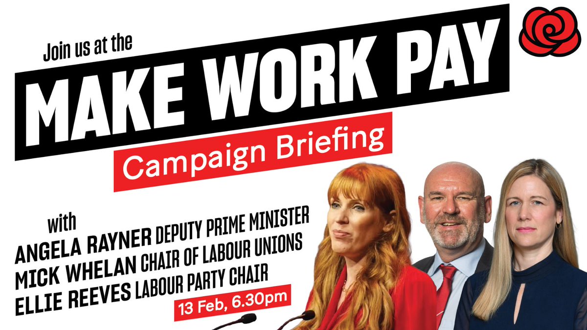RobbieScott100's tweet image. 📢 Join @AngelaRayner, @MickWhelanASLEF
and @elliereeves for an activist call ahead of Labour’s #MakeWorkPay campaign weekend. 🌹 ✊

📅 Thursday, 13 February
⏰ 6:30 pm
📌 Sign up now: labourunions.org.uk/campaign-brief…