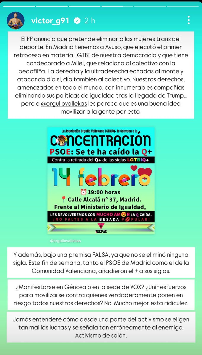 Es una vergüenza que <a href="/victorg91/">Víctor Gutiérrez</a> llame activismo de salón a <a href="/orgullovallekas/">Orgullo Vallekano LGTBIAQ+ 🏳️‍⚧️ 🏳️‍🌈</a> y pretenda desviar la atención desligitimando la causa.

Que no se nos olvide, quien borró a las personas no binarias de la ley fue <a href="/PSOE/">PSOE</a> quien apoya a transfobas es <a href="/_anaredondo_/">Ana Redondo</a>,sois parte del problema.