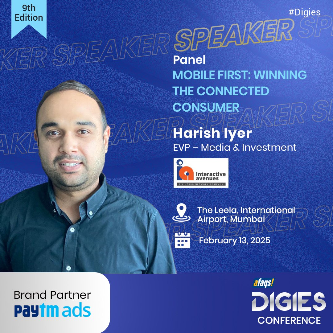 afaqs's tweet photo. #Digies: Join us at the Digies Conference 2025 for an insightful session on "Mobile First: Crafting Winning Strategies For The Connected Consumer" by Harish Iyer, EVP- Media and Investment at Interactive Avenues.
Register Now: https://t.co/xzdjjhf1q0
๐
: February 13, 2025
๐: The Leela, International Airport, Mumbai
#Awards #Advertising #Marketing #Media #AdvertisingAwards #advertisingagency #agency #digital #digitalawards #digitalmarketing