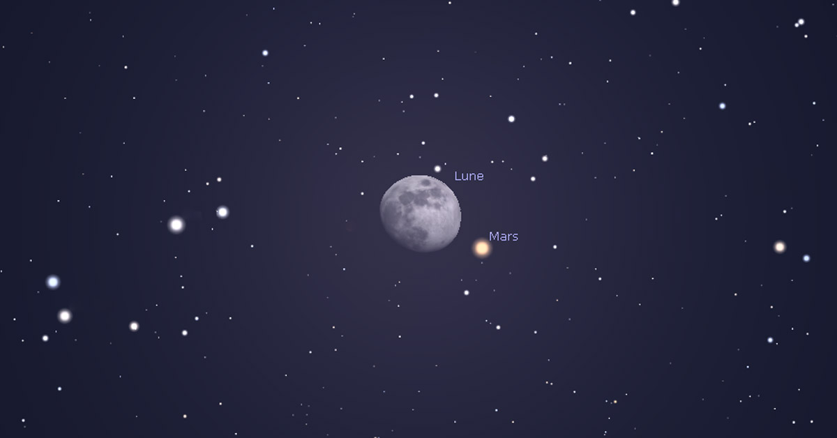 Stelvision's tweet photo. Ce soir 9 février en tout début de nuit, tournez votre regard vers la #Lune. Vous verrez juste à ses côtés le point orangé de #Mars : en quelques heures, la Lune frôle la planète rouge et ce déplacement est spectaculaire ! Plus d'infos dans notre article ! 🌛🔭🤩