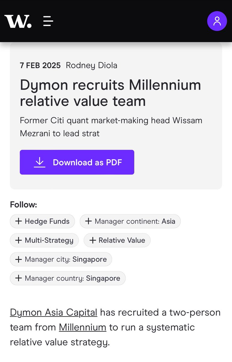 DiolaRodney's tweet image. #Dymon recruits #Millennium #relativevalue team #singapore #citi ##quant #multistrat read full story at WithIntelligence.com #RV