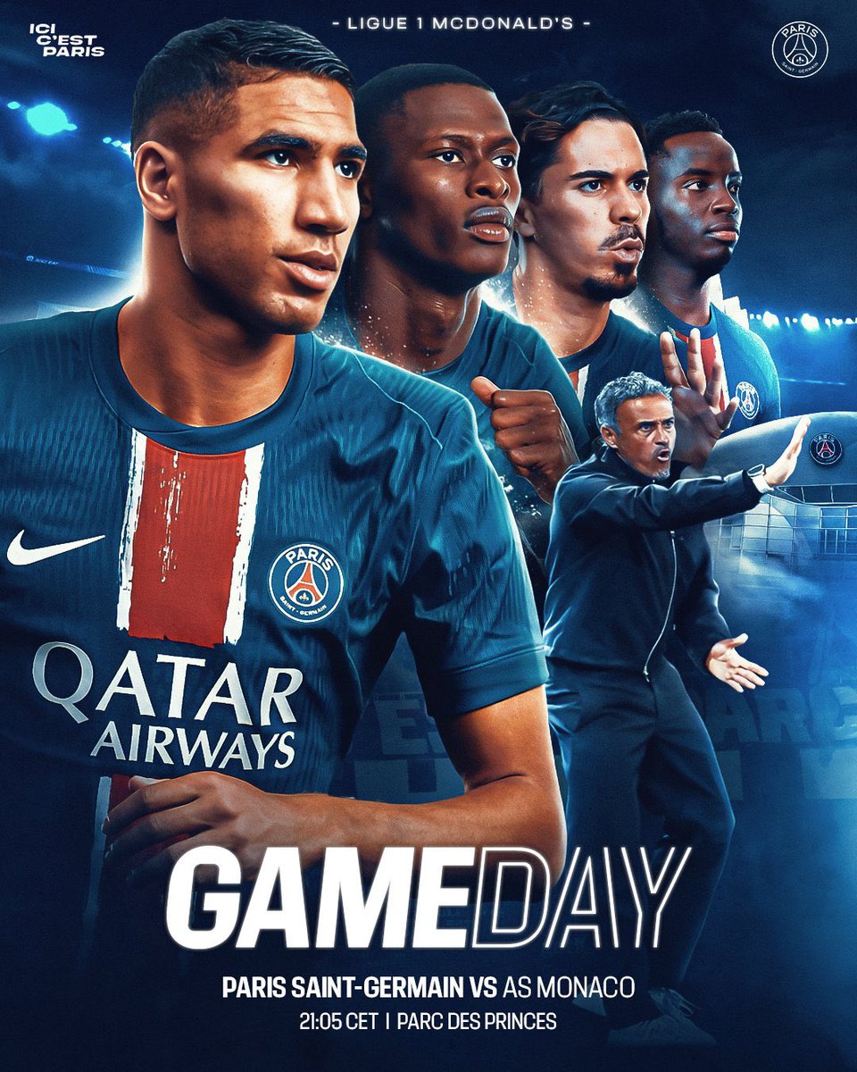 Voici l’affiche du PSG pour le match face à l’AS Monaco ce soir. 🎨❤️💙

Le choix des joueurs n’a pas été fait par hasard. 👀✍🏼🔜

📸 (<a href="/PSG_inside/">Paris Saint-Germain</a>)