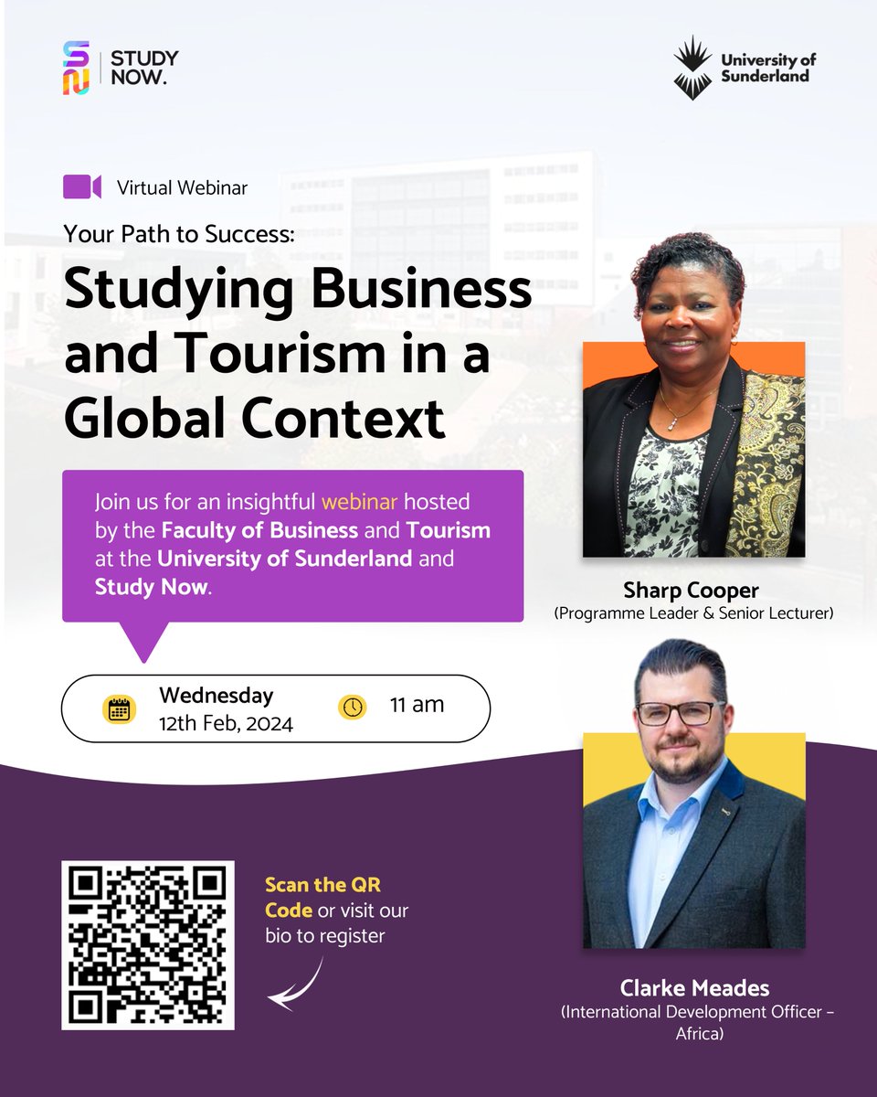 studynowea's tweet image. Study Now is partnering with the University of Sunderland’s Faculty of Business &amp;amp; Tourism to bring you an eye-opening webinar.  

📅When: 11am, Wednesday 12th February 2025 
📷Where: Virtual (Zoom)  

#StudyNow #StudyNowUK #StudyNowEA #UniversityOfSunderland