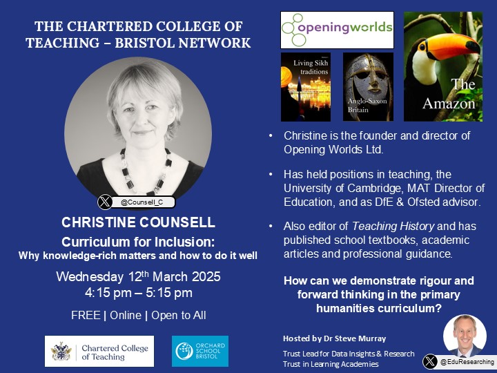 Next <a href="/CharteredColl/">Chartered College of Teaching</a> Bristol network talk...

Christine Counsell: Curriculum for Inclusion - Why knowledge-rich matters and how to do it well

Weds 12th March 2025 - 4:15-5:15pm
Free, online and open to all.

Sign up here: eventbrite.co.uk/e/christine-co…