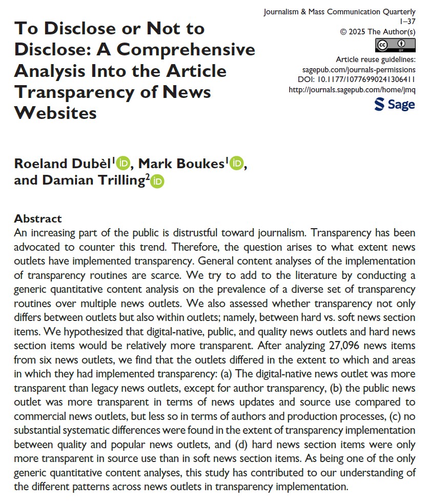 How transparent are news websites really?  <a href="/DubelRoeland/">Roeland Dubèl</a> investigated this using a large-scale content analysis of 27,096 news articles from six Dutch news outlets. 

The paper is now published in <a href="/jmcquarterly/">JMCQ</a> and open-access available at: journals.sagepub.com/doi/full/10.11…