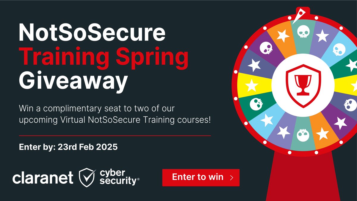 Claranet_Sec's tweet photo. 𝗡𝗼𝘁𝗦𝗼𝗦𝗲𝗰𝘂𝗿𝗲 𝗧𝗿𝗮𝗶𝗻𝗶𝗻𝗴 𝗦𝗽𝗿𝗶𝗻𝗴 𝗚𝗶𝘃𝗲𝗮𝘄𝗮𝘆 – 𝗪𝗶𝗻 𝗮 𝗖𝗼𝗺𝗽𝗹𝗶𝗺𝗲𝗻𝘁𝗮𝗿𝘆 𝗦𝗲𝗮𝘁! 𝗘𝗻𝘁𝗲𝗿 𝗻𝗼𝘄: https://t.co/YbZf0xhrYh
🕒 𝑫𝒆𝒂𝒅𝒍𝒊𝒏𝒆: 23𝒓𝒅 𝑭𝒆𝒃 2025
#CyberSecurity #EthicalHacking #AppSec #Training #NotSoSecure #infosec https://t.co/D5ERITsYi5