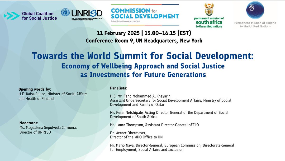 FinlandUN's tweet image. We look forward to next week&apos;s Commission for Social Development (#CSocD)!

Join us, @SAMissionNY, @UNRISD and @ilo Global Coalition for Social Justice for a side event exploring the economy of wellbeing and social justice on 11 Feb at 3pm at UNHQ ⬇️