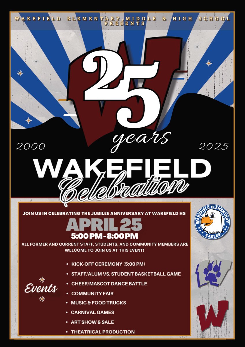 🎉 Wakefield Schools is turning 25! Join us on April 25, 2025, from 5-8 PM for a celebration of our amazing community. All former &amp; current staff, students, families, &amp; community members are welcome! Let’s honor the past &amp; look forward to the future. #WHS25Forward 🎓🎊