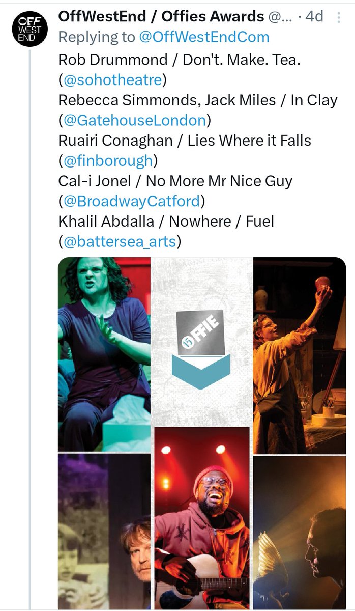 Ruairi Conaghan (@ruairiconaghan1) on Twitter photo Delighted to be a finalist in this year's Off West End Theatre awards #offies. Cinderella shall go to the Ball.<a href="/LyricBelfast/">Lyric Theatre Belfast</a> <a href="/IrishArtsCenter/">Irish Arts Center</a> <a href="/DearbhailDibs/">Dearbhail McDonald</a> <a href="/BCouncil_NI/">British Council Northern Ireland</a> <a href="/Eascai/">Dr Kerry McCall Magan</a> <a href="/theatredanceni/">Theatre and Dance NI</a> <a href="/ArtsCouncilNI/">Arts Council of Northern Ireland</a> <a href="/CaoileannCurryT/">Caoileann Curry-Thompson</a> <a href="/RoisinMcBrinn/">Róisín McBrinn</a> <a href="/obrienmark/">Mark O’Brien</a> <a href="/Molloy_Siobhan_/">Siobhán Molloy</a> Delighted to be a finalist in this year's Off West End Theatre awards #offies. Cinderella shall go to the Ball.<a href="/LyricBelfast/">Lyric Theatre Belfast</a> <a href="/IrishArtsCenter/">Irish Arts Center</a> <a href="/DearbhailDibs/">Dearbhail McDonald</a> <a href="/BCouncil_NI/">British Council Northern Ireland</a> <a href="/Eascai/">Dr Kerry McCall Magan</a> <a href="/theatredanceni/">Theatre and Dance NI</a> <a href="/ArtsCouncilNI/">Arts Council of Northern Ireland</a> <a href="/CaoileannCurryT/">Caoileann Curry-Thompson</a> <a href="/RoisinMcBrinn/">Róisín McBrinn</a> <a href="/obrienmark/">Mark O’Brien</a> <a href="/Molloy_Siobhan_/">Siobhán Molloy</a>