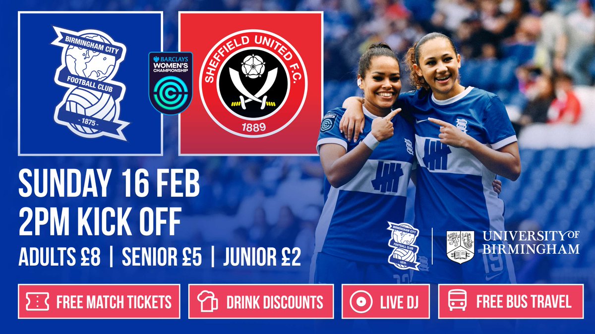 Uni of Birmingham (@unibirmingham) on Twitter photo To mark the beginning of our exciting alliance with <a href="/BCFC/">Birmingham City FC</a> we have teamed up to offer FREE tickets to a women's match for our staff, students & alumni ⚽
🗓️ Sun 16 Feb
📍St. Andrew’s ground
🕑 Kick-off 2pm
🚌 Free shuttle service
Find out more here: bcfc.typeform.com/to/uSofM8hN To mark the beginning of our exciting alliance with <a href="/BCFC/">Birmingham City FC</a> we have teamed up to offer FREE tickets to a women's match for our staff, students & alumni ⚽
🗓️ Sun 16 Feb
📍St. Andrew’s ground
🕑 Kick-off 2pm
🚌 Free shuttle service
Find out more here: bcfc.typeform.com/to/uSofM8hN