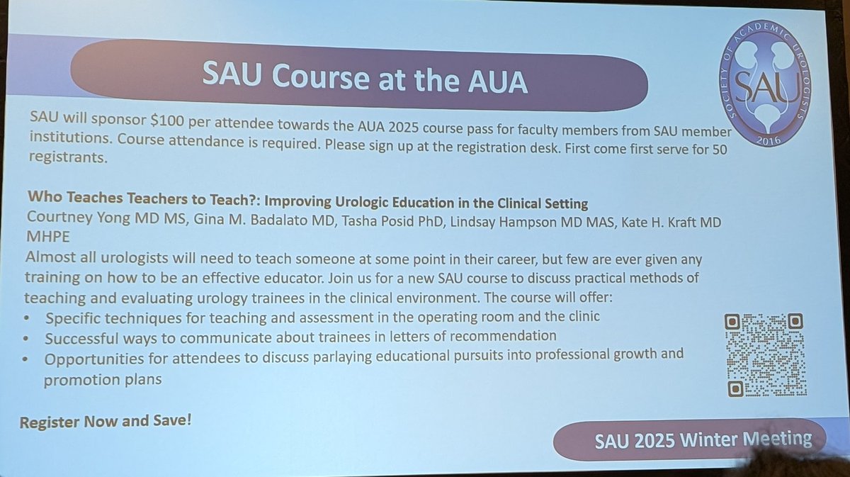 Lindsay Hampson (@lindsayahampson) on Twitter photo A plug for the <a href="/UroAcademic/">Society of Academic Urologists</a> course at the <a href="/AmerUrological/">Amer. Urol. Assn.</a> 2025 meeting! Will be broadly useful for anyone who teaches students or residents.
How to:
-Develop trainee assessments
-Provide meaningful feedback
-Write LORs
-Leverage educational roles in advancement and promotion A plug for the <a href="/UroAcademic/">Society of Academic Urologists</a> course at the <a href="/AmerUrological/">Amer. Urol. Assn.</a> 2025 meeting! Will be broadly useful for anyone who teaches students or residents.
How to:
-Develop trainee assessments
-Provide meaningful feedback
-Write LORs
-Leverage educational roles in advancement and promotion