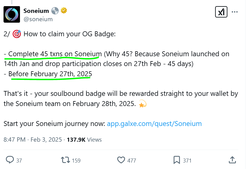 SaruCrypto's tweet photo. Soneium dự án Layer2

Kèo này chắc nhiều bác bỏ, do nghe Layer2 là khóc khét rồi, nhiều kèo Layer2 đã gây mất mát quá nhiều, mà chả đc airdrop, là vết nhơ của nghề airdrop k thể xóa nhòa.

Với chi phí tầm 5$, bác nào muốn theo tiếp dự án Layer2 thì đấm nè.

Mục tiêu là lấy Soneium OG Badge

Cách làm.
Cần ETH chain #Soneium 
Xài cầu để cầu superbridge ETH từ các layer khác qua.

https://t.co/kIv6izje45

Sau khi có ETH chain Soneium thì có thể tương tác các dapp của Soneium để lấy tx.

https://t.co/ivYQsfLnMs

Nhưng có 1 tip là sử dụng cái dapp này để swap ETH qua WETH và ngược lại cho đủ 45 tx. Phí rất rẻ tầm 0.001 $/tx

https://t.co/DThnZ2G5xu

Làm thêm các task Galxe.

https://t.co/YxXksuGunx

Vào đây để dán ví check xem đc bao nhiêu tx. Đủ 45 tx là dừng.
https://t.co/6IXw4lec6t
Thời gian làm:
Trước 28 tháng 2 năm 2025

Các bác cân nhắc làm hay k nhé, Saru là tẹo đủ 45tx, coi như chi phí cơ hội.

https://t.co/5YKmzanQqF