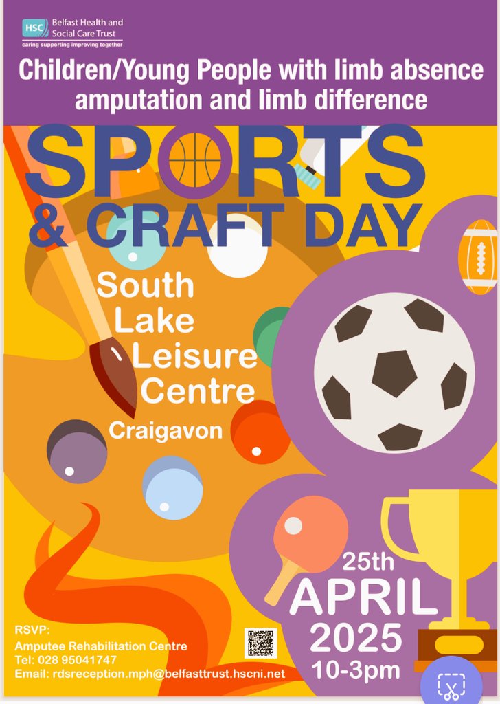 Please  come and join us if you are a child/young person with limb absence / limb difference in Northern Ireland ! We hope to see you and your families on Friday 25 th April in the South Lake Leisure Centre.  
Phone  or email on the number or address below to confirm your place