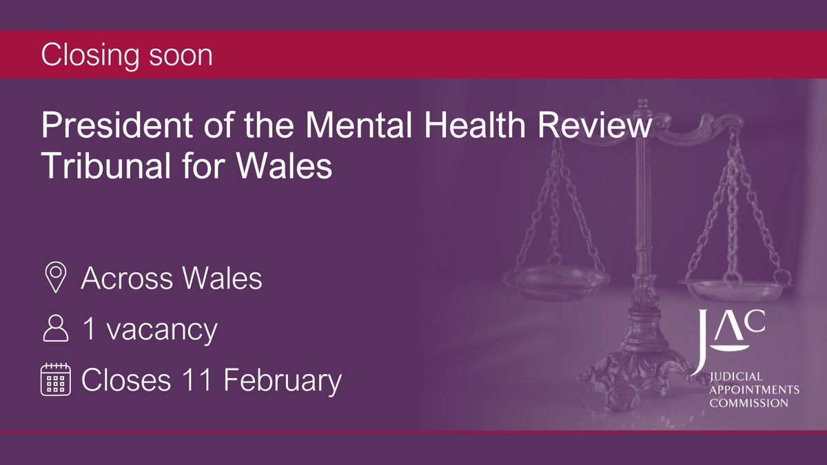 📢 Closing soon 
⚖ President of the Mental Health Review Tribunal for Wales
📅 Applications close 11 February 
📍 Across Wales 
Details and registration 👇
apply.judicialappointments.digital/vacancy/XWXoJr…