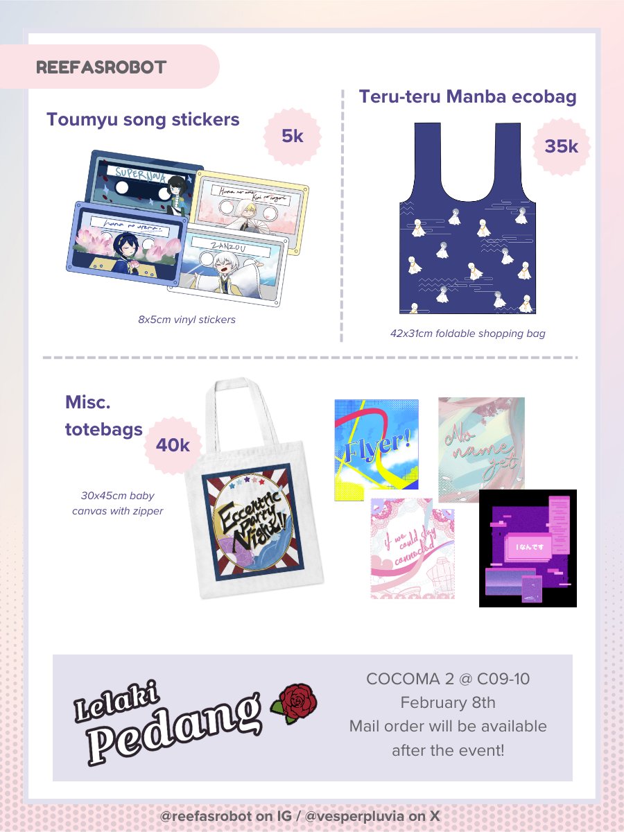 Helloooo! Last minute rush for my #COCOMA2 catalogue, but I'll be there tomorrow with some friends!!

📍C09-10 (Lelaki Pedang)
🗓 Saturday, 8 Feb 2024
🌟 TKRB, Project Sekai, Enstars

See you tomorrow~
#COCOMA2CATALOGUE