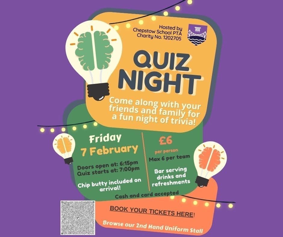 Don’t forget our PTA are holding a quiz this evening!! 

Doors open at 6:15! Scan the QR code to book your tickets. 🎫