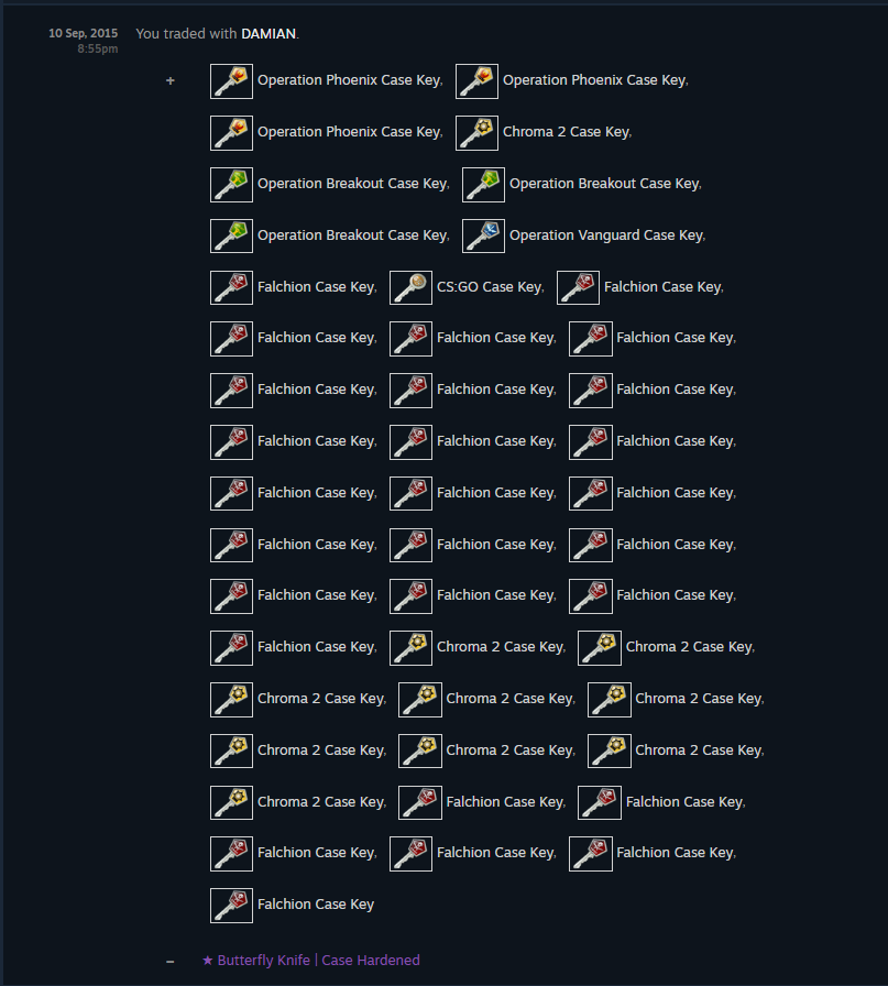 trexcodes's tweet image. Looking back at the trades you made in 2015 is another kind of pain.

Traded my FT Butterfly Case Hardened for 45 keys. 

Value today:
