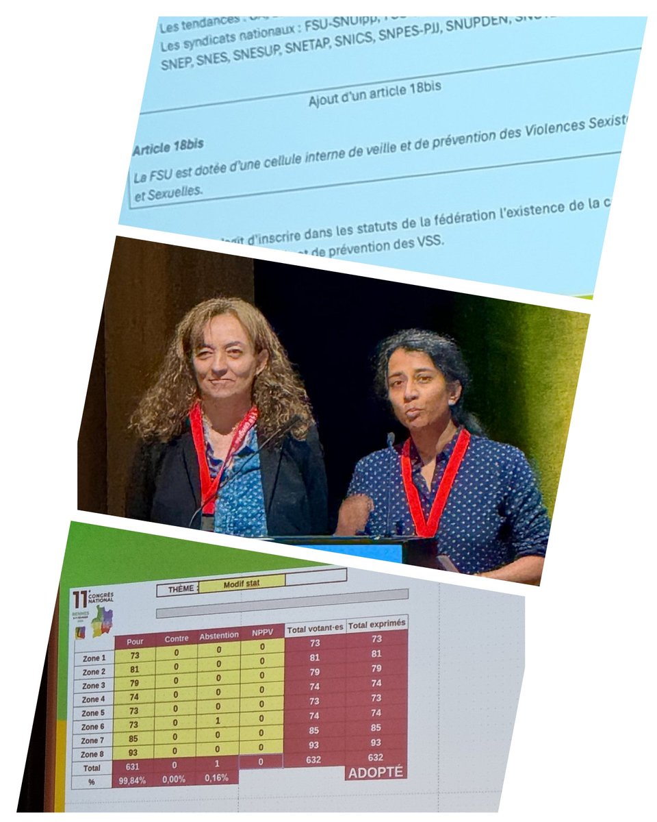 Un des moments forts du congrès : l'inscription de la cellule VSS dans les statuts de la #FSU <a href="/FsuNationale/">FSU</a> avec les interventions de 2 secrétaires générales au top en toute objectivité