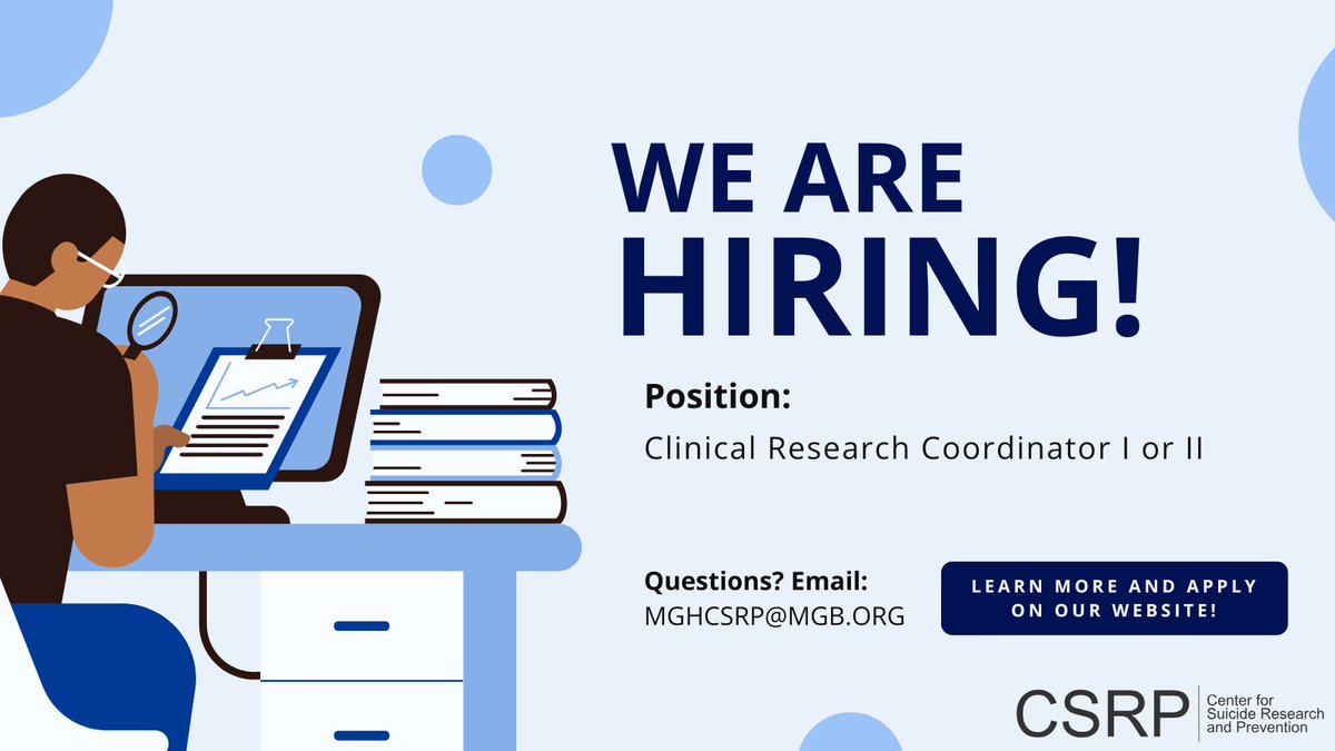 the_CSRP's tweet image. Passionate about research in the mental health field? Looking for clinical research opportunities?
🧑🤝🧑Join our team at the CSRP!🏥
Learn more @ csrp.mgh.harvard.edu/jobs/
Apply @ bit.ly/csrp-job-crc