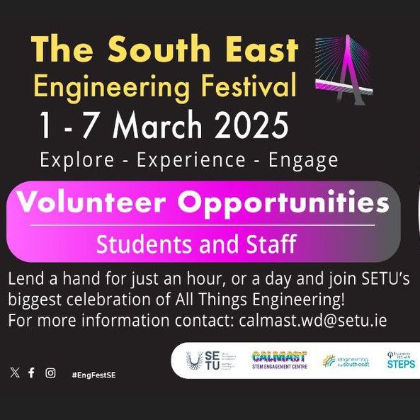 South-East Engineering Festival SETU & Calmast (@engfestse) on Twitter photo 3 weeks to go! <a href="/CalmastWIT/">Calmast SETU</a> <a href="/EngineerIreland/">Engineers Ireland</a> <a href="/SETUIreland/">South East Technological University</a> celebrate #Engineering with many special events in March inc. <a href="/WomenInTechWIT/">WomenInTechSETU</a> <a href="/EngFestSE/">South-East Engineering Festival SETU & Calmast</a> <a href="/idm314/">International Day of Mathematics</a> <a href="/engineering_day/">World Engineering Day for Sustainable Development</a> See calmast.ie for full listings & GET INVOLVED! 3 weeks to go! <a href="/CalmastWIT/">Calmast SETU</a> <a href="/EngineerIreland/">Engineers Ireland</a> <a href="/SETUIreland/">South East Technological University</a> celebrate #Engineering with many special events in March inc. <a href="/WomenInTechWIT/">WomenInTechSETU</a> <a href="/EngFestSE/">South-East Engineering Festival SETU & Calmast</a> <a href="/idm314/">International Day of Mathematics</a> <a href="/engineering_day/">World Engineering Day for Sustainable Development</a> See calmast.ie for full listings & GET INVOLVED!