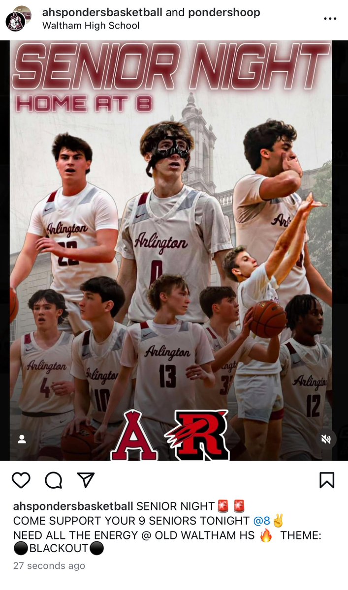 PondersHoop's tweet photo. Arlington vs Reading, 8pm at Old Waltham HS. SENIOR NIGHT! https://t.co/46v8QqXKDq