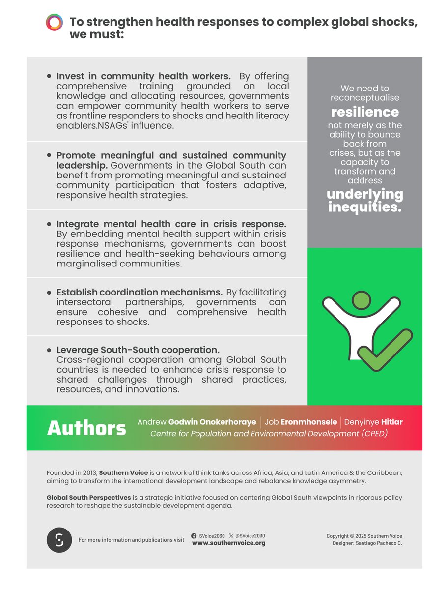 💡 THINK PIECE: To strengthen health responses to complex global shocks, we must:

1️⃣ Invest in community health workers
2️⃣ Promote meaningful and sustained community leadership
3️⃣Integrate mental health care in crisis response
4️⃣ Establish coordination mechanisms
5️⃣ Leverage