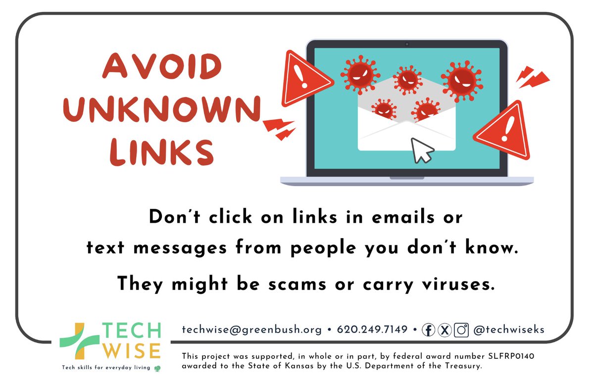 TechWiseKS's tweet image. 🚨 Stay safe online! 🚨
Avoid clicking on unknown links in emails or text messages—they could be scams or carry viruses. ❌🦠

Protect yourself by staying cautious! #techwiseks