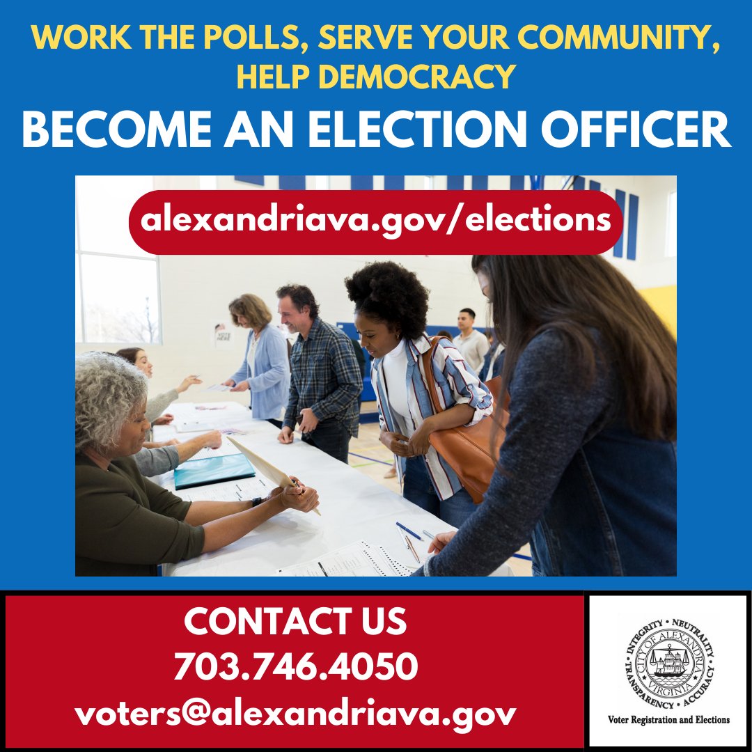 Interested in supporting democracy in your community? Consider working the polls in this year's state and local elections by becoming an Alexandria Election Officer! Visit our website alexandriava.gov/elections and follow the "Become an Election Officer" link to learn more or apply.