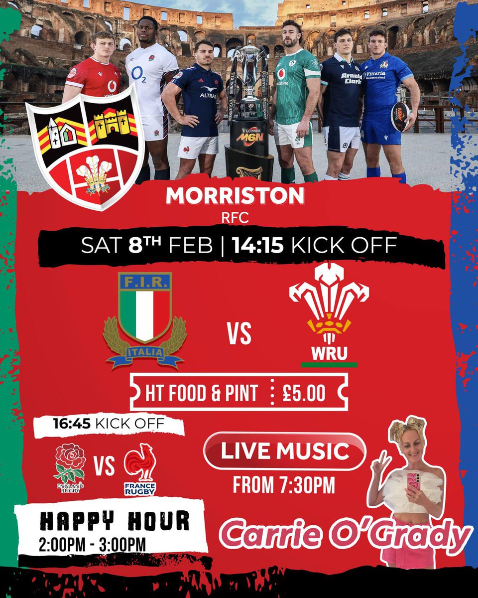 RfcMorriston's tweet image. Carrie O'Grady will join us after the games have finished, happy hour will be 2pm-3pm there will be food served at half time. Guinness Men's Six Nations