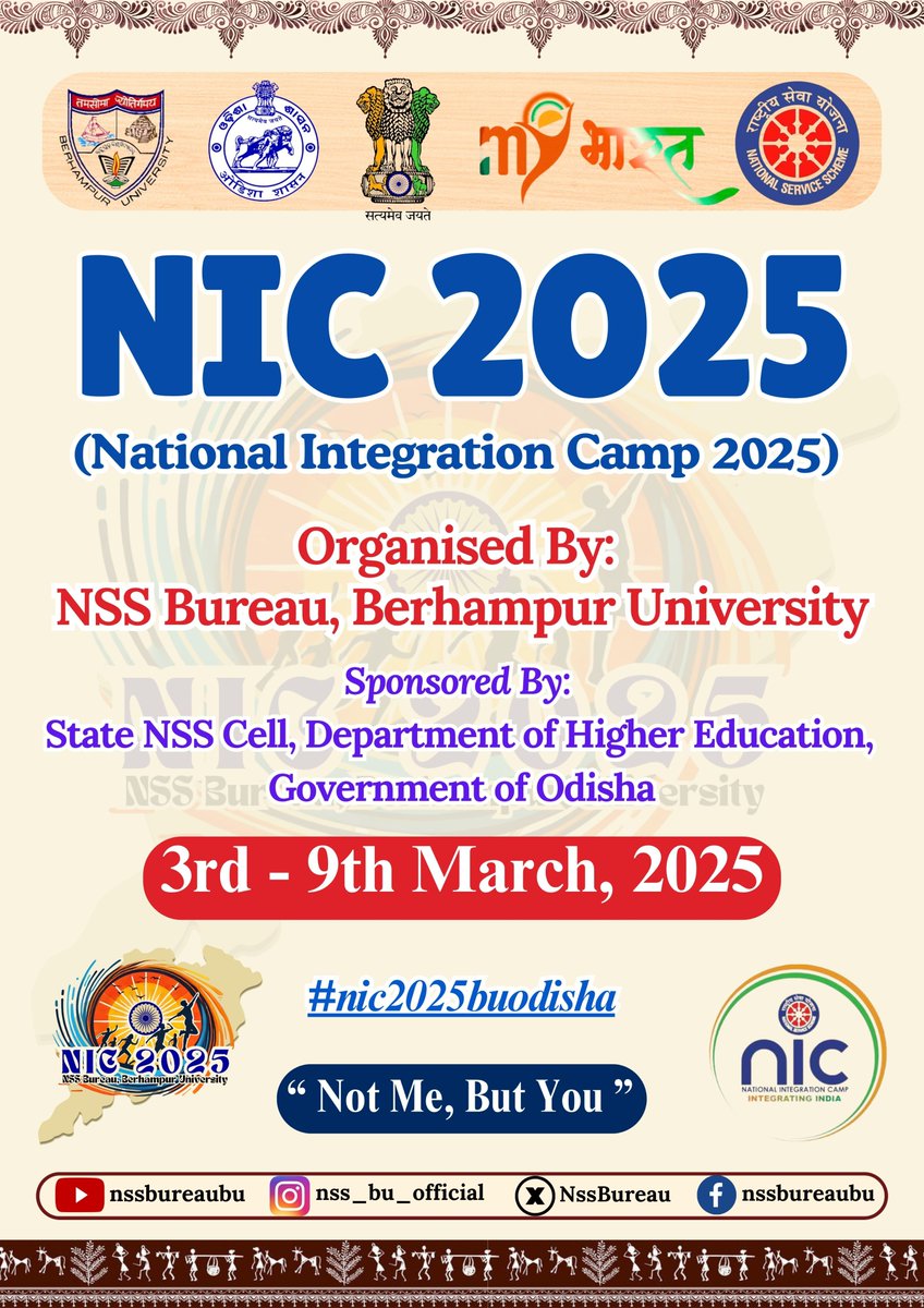 NssBureau's tweet photo. Experience cultural performances, interactive sessions, and community-building activities that celebrate the spirit of India’s diversity.  ✨ Be a part of this inspiring journey! 👉 Save the Date: 3–9 March 2025  #NIC2025BUODISHA #nationalintegrationcamp #nssbureaubu https://t.co/HdF72Xdnvx