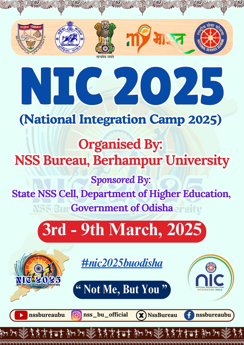 NssBureau's tweet photo. Experience cultural performances, interactive sessions, and community-building activities that celebrate the spirit of India’s diversity.  ✨ Be a part of this inspiring journey! 👉 Save the Date: 3–9 March 2025  #NIC2025BUODISHA #nationalintegrationcamp #nssbureaubu https://t.co/HdF72Xdnvx