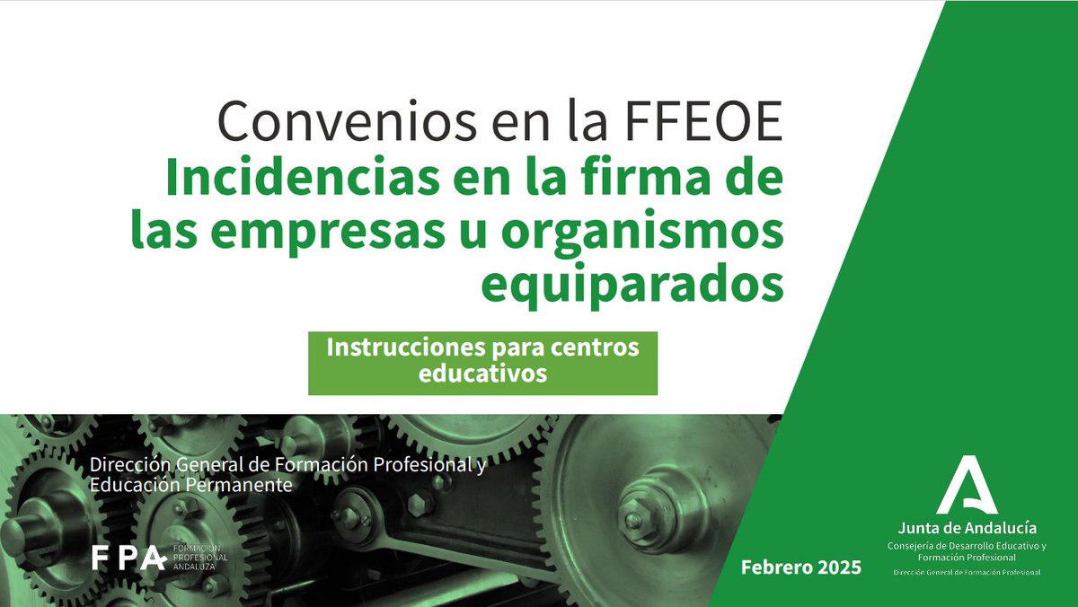 📍Los centros de #FPAndaluza ya disponen de una guía para resolver las incidencias más frecuentes en la firma de los convenios por parte de las empresas y organismos equiparados en la fase de formación en empresas. <a href="/EducaAnd/">Consejería Desarrollo Educativo y FP</a> 
🔗juntadeandalucia.es/educacion/port…