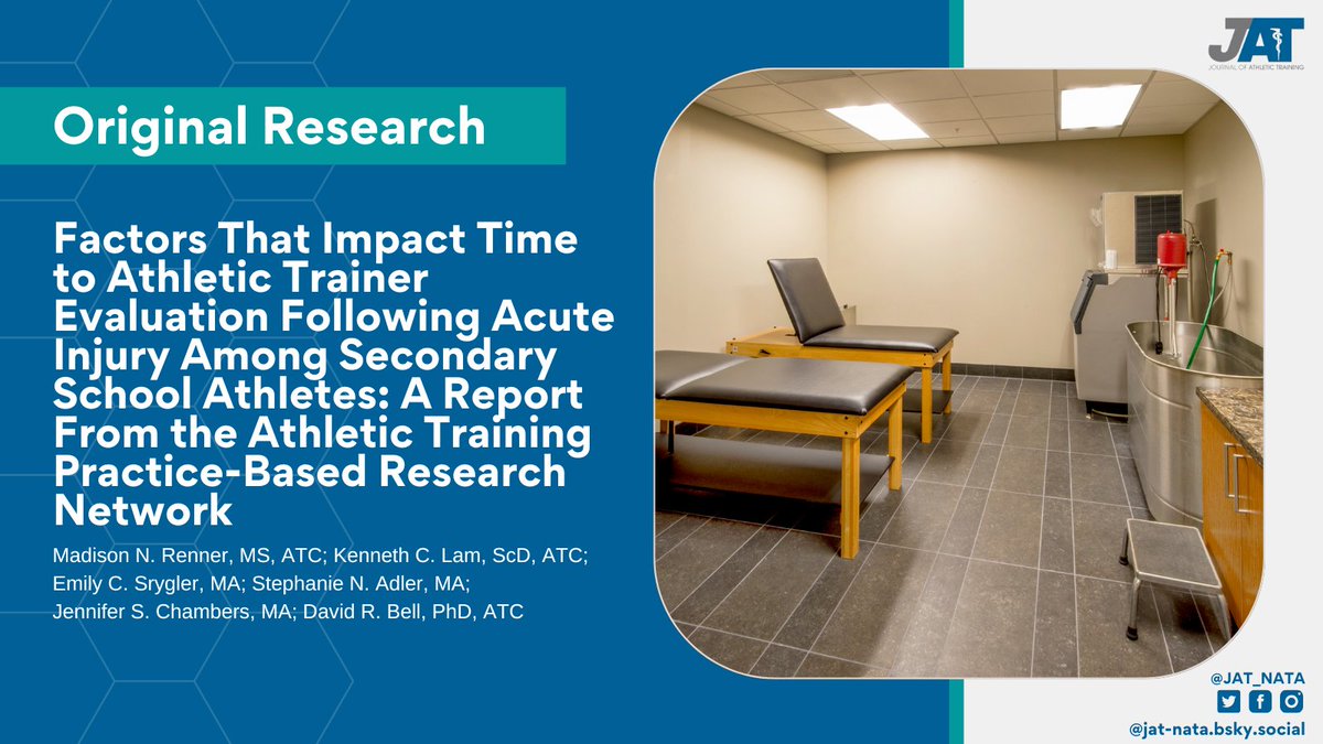 JAT_NATA's tweet photo. In the new issue, Madison Renner, MS, ATC and colleagues identify factors that impact the time to AT evaluation following acute sport-related injury in a secondary school setting.

Paper: https://t.co/rdHjEUaJ9g https://t.co/M3rtgoC1ny