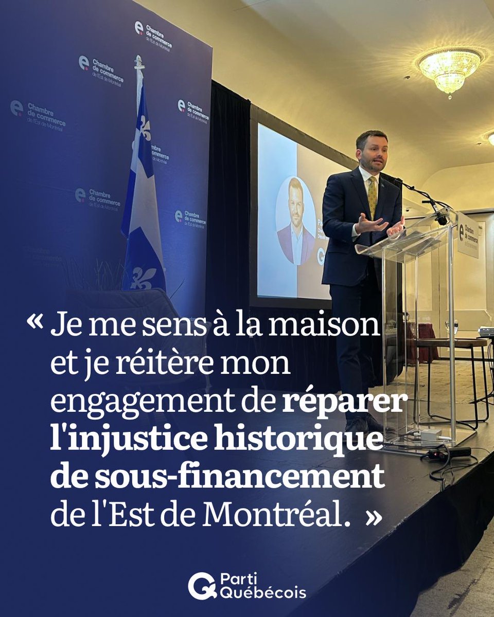 PaulPlamondon's tweet photo. J’étais heureux de me retrouver devant les gens d’affaires et partenaires de la Chambre de commerce de l'Est de Montréal hier afin de parler de l’avenir économique du Québec et des défis propres à l’Est de Montréal. 

Évidemment, le contexte où planent les menaces de tarifs de Trump inquiète, mais le Québec peut se donner les moyens de défendre son économie et ses intérêts. J’ai fait plusieurs propositions en ce sens la semaine dernière. 

Pour l’Est de Montréal, plusieurs dossiers névralgiques stagnent et il est essentiel d’agir rapidement, notamment pour la rénovation de l’Hôpital Maisonneuve-Rosemont et la décontamination des terrains dans l'est. 

Le 2e Sommet de l’Est, prévu en avril 2025, sera l’occasion de cristalliser une vision pour l’Est de Montréal et de constater le piètre bilan de la CAQ quant à ses engagements pour notre région.
