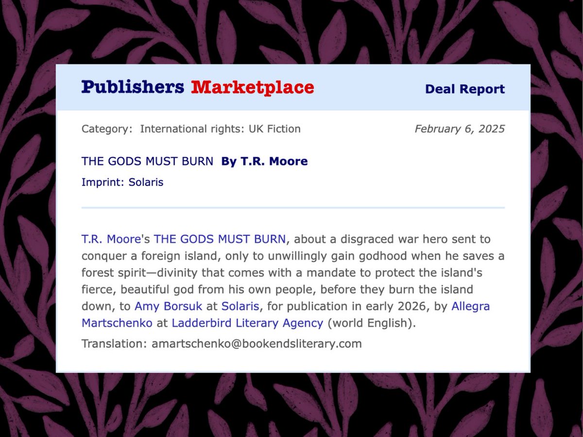 Thrilled to be announcing  <a href="/trmoore_/">trm ♌️</a> 's debut novel, an absolutely STUNNING dark eco-fantasy about a war hero and his god. Moore’s prose left me breathless from the first moment I encountered it. Think PRINCESS MONONOKE meets GODKILLER and get ready to be blown away.