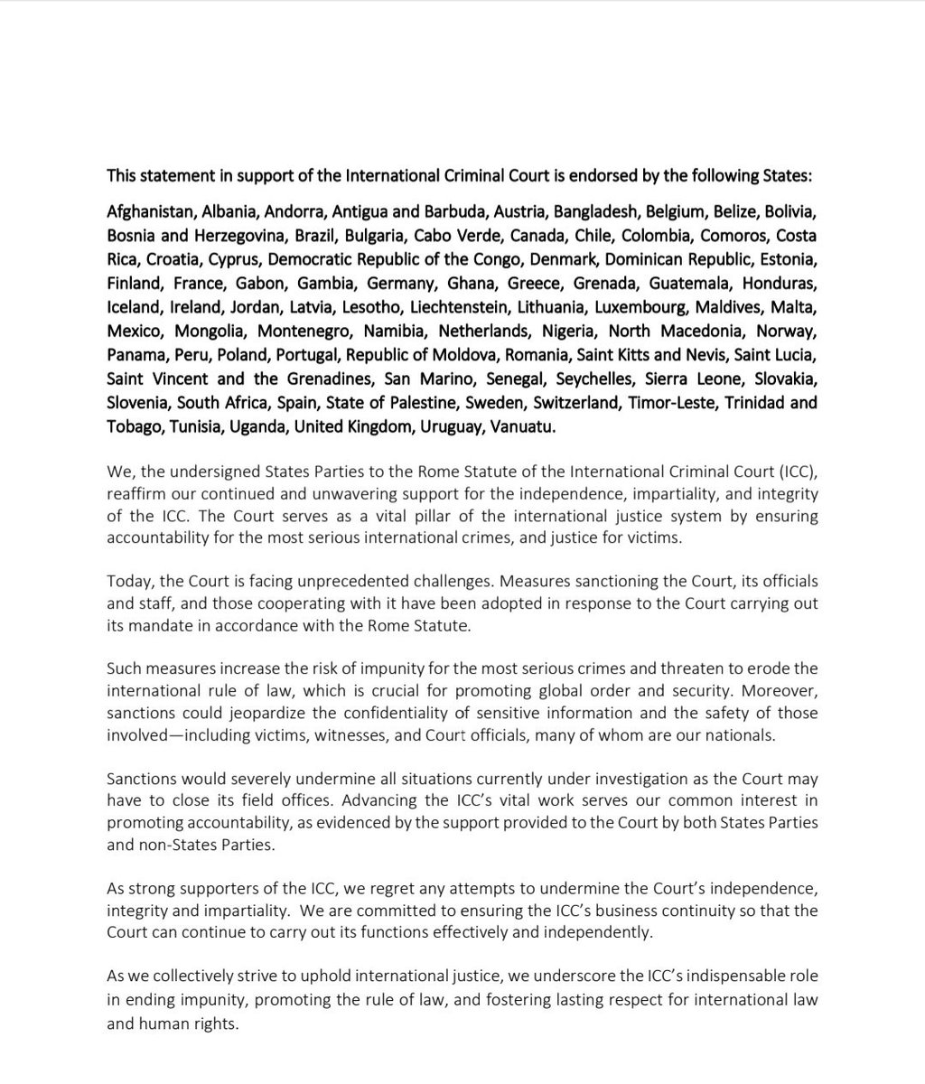 February 7th, 2025
Joint Statement in support of the International Criminal Court (ICC).

79 State Parties have joined the following Statement in support of the International Criminal Court (ICC), initiated by a cross-regional core group of 5 countries: Luxembourg 🇱🇺, Mexico
🇲🇽 ,