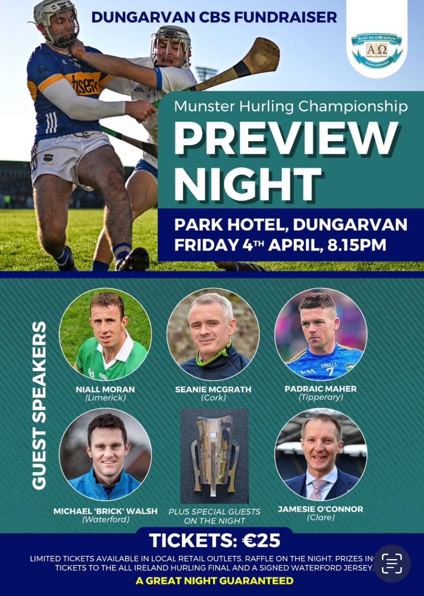 Dungarvan CBS (@cbs_dungarvan) on Twitter photo Dungarvan CBS 'Munster Hurling Championship Preview Night'. Our star studded panel preview the eagerly anticipated 2025 Munster Championship. Limited Ticket availability. Pre-booking offer this weekend only via email smcgrath@dungarvancbs.com Tickets go on General Sale 11/2/25 Dungarvan CBS 'Munster Hurling Championship Preview Night'. Our star studded panel preview the eagerly anticipated 2025 Munster Championship. Limited Ticket availability. Pre-booking offer this weekend only via email smcgrath@dungarvancbs.com Tickets go on General Sale 11/2/25