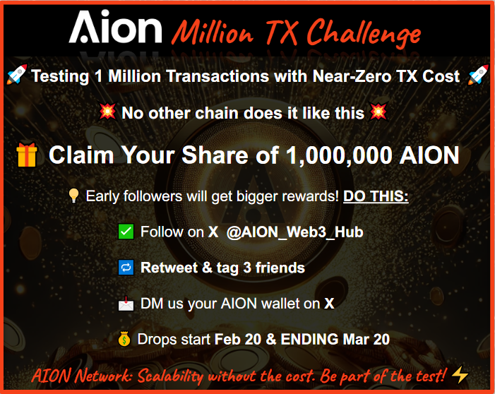 AION Community (@aion_web3_hub) on Twitter photo 🚀 1,000,000 $AION Airdrop! 🚀
We're proving the unstoppable efficiency of the AION Network with 1 Million Transactions—at near-zero cost!
🔹 Follow on X: Aion Community <a href="/AION_Web3_Hub/">AION Community</a>
Join & see how blockchain scalability should be done! âš¡
#CryptoAirdrop #1MillionTX 🚀 1,000,000 $AION Airdrop! 🚀
We're proving the unstoppable efficiency of the AION Network with 1 Million Transactions—at near-zero cost!
🔹 Follow on X: Aion Community <a href="/AION_Web3_Hub/">AION Community</a>
Join & see how blockchain scalability should be done! âš¡
#CryptoAirdrop #1MillionTX