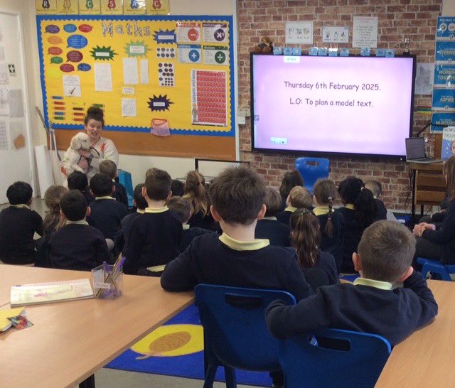 LancotSchool's tweet photo. Year 2 had a special visit from Miss Harris and Watson to learn all about caring for dogs! From diet and health to the amazing benefits of having a furry friend, the children gained some fantastic insights. We can’t wait to see their explanation texts! 📝🐾 #Year2 #FutureWriters https://t.co/xbkGkg0svu