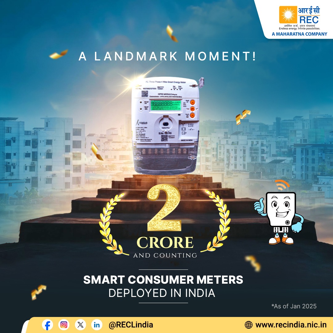 RECLindia's tweet image. Over 2 crore households across India have upgraded to Prepaid Smart Meters!

We appreciate all teams and partners who have lent their support in reaching this historic milestone.

The #PrepaidSmartMeters, under the #RDSS scheme, are greatly enhancing the operational and financial