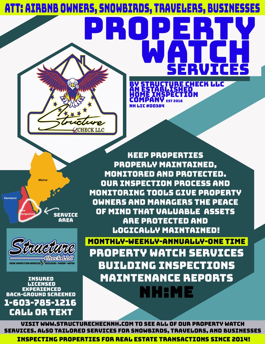 CheckStructure's tweet image. ATT: #vacationhomeowners #snowbirds #2ndhomeowners #airbnb #VRB0 #travelers 
Structure Check LLC has a property watch service tailored to your specific needs and wants. Servicing #NewHampshire and #Maine.  #propertywatch #homeinspection