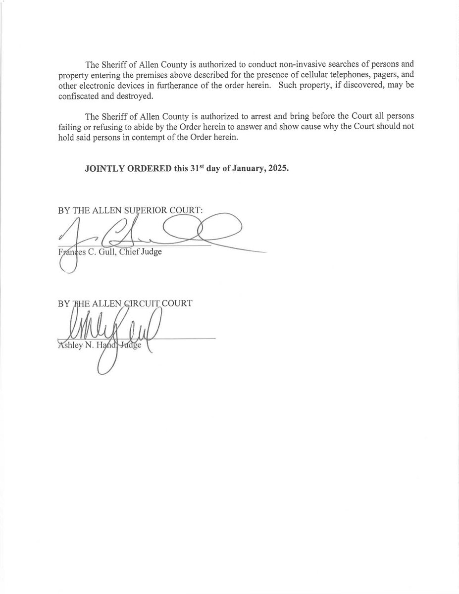 allensuperiorct's tweet image. Allen Circuit and Superior Courts have entered a revised order prohibiting electronic devices in Court facilities. The order was filed with the Allen County Clerk under cause number 02D05-2501-CB-000024 and is in effect. The revised order supersedes any previous versions.
