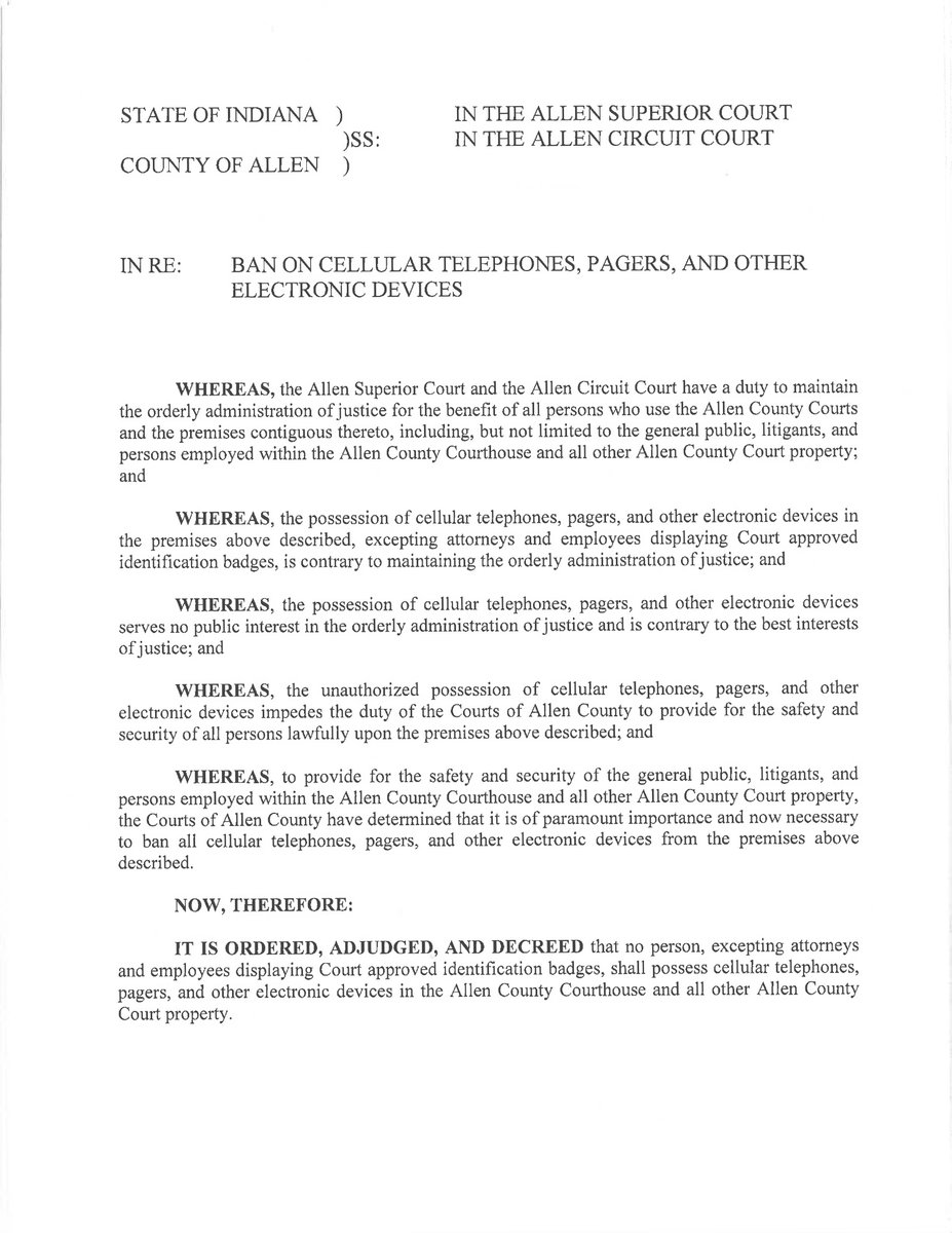 allensuperiorct's tweet image. Allen Circuit and Superior Courts have entered a revised order prohibiting electronic devices in Court facilities. The order was filed with the Allen County Clerk under cause number 02D05-2501-CB-000024 and is in effect. The revised order supersedes any previous versions.