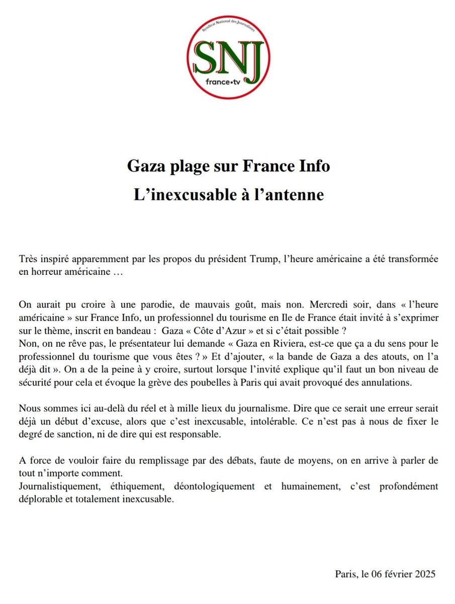 Camille Stineau (@camillestineau) on Twitter photo Le syndicat national des journalistes (SNJ) de France Télévisions a réagi à la séquence d'avant-hier sur <a href="/franceinfo/">franceinfo</a>. Bonne réaction. Le syndicat national des journalistes (SNJ) de France Télévisions a réagi à la séquence d'avant-hier sur <a href="/franceinfo/">franceinfo</a>. Bonne réaction.