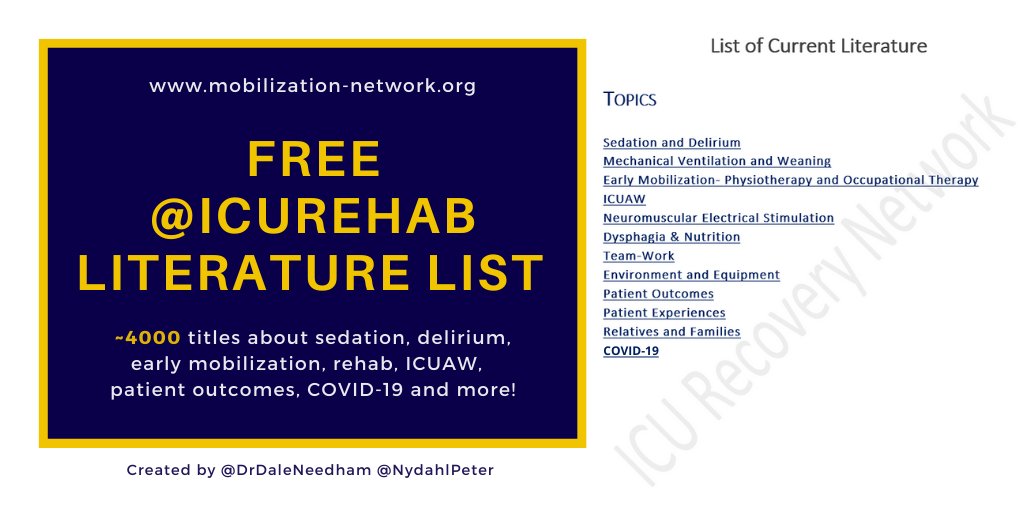 Peter Nydahl (@nydahlpeter) on Twitter photo The <a href="/icurehab/">Hopkins ICU Rehab</a> literature list is updated!
More than 4,000 titles about rehabilitation, sedation, outcome, nutrition, and others.
Each section categorized into research studies, reviews, guidelines, and with links to pubmed or else
Thanks to <a href="/DrDaleNeedham/">Dale Needham, MD, PhD</a>
icurehabnetwork.org/resources/ The <a href="/icurehab/">Hopkins ICU Rehab</a> literature list is updated!
More than 4,000 titles about rehabilitation, sedation, outcome, nutrition, and others.
Each section categorized into research studies, reviews, guidelines, and with links to pubmed or else
Thanks to <a href="/DrDaleNeedham/">Dale Needham, MD, PhD</a>
icurehabnetwork.org/resources/