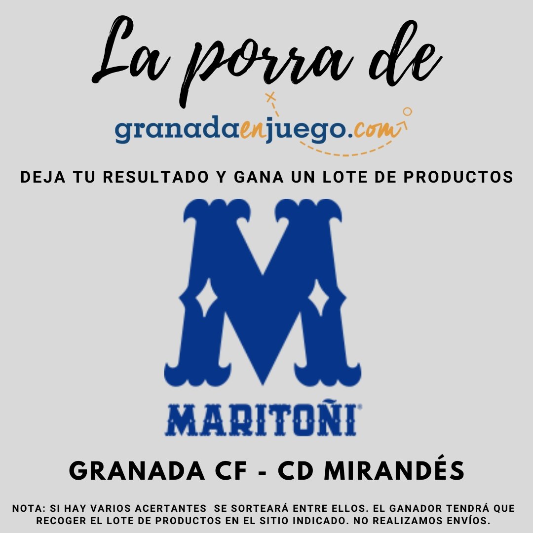 ➡️ ¡Participa en nuestra porra!

¡Acierta el resultado del partido Granada CF 🆚️ CD Mirandés en nuestras redes sociales y llévate un lote de productos <a href="/Maritoni_SL/">Maritoñi</a>!

👇 Condiciones
✅ Seguir nuestro perfil
✅ Retuit o compartir
✅ Dejar sólo un resultado
