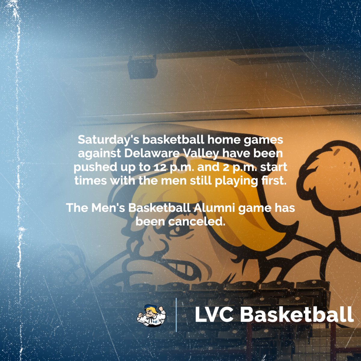 LVC Athletics (@lvcathletics) on Twitter photo Due to the expected snow tomorrow night, the home basketball games against Delaware Valley have been pushed up. <a href="/lvcdmbb/">Lebanon Valley College Men’s Basketball</a> will tip-off at 12 p.m. while <a href="/lvcwbb/">LVC Women’s Basketball</a> will start after at 2 p.m.
The Men's Basketball Alumni game has been canceled due to the time changes.
#GoDutchmen Due to the expected snow tomorrow night, the home basketball games against Delaware Valley have been pushed up. <a href="/lvcdmbb/">Lebanon Valley College Men’s Basketball</a> will tip-off at 12 p.m. while <a href="/lvcwbb/">LVC Women’s Basketball</a> will start after at 2 p.m.
The Men's Basketball Alumni game has been canceled due to the time changes.
#GoDutchmen